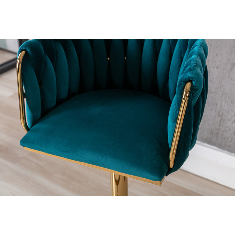 Teal Velvet Adjustable Swivel Bar Stool with Gold Base