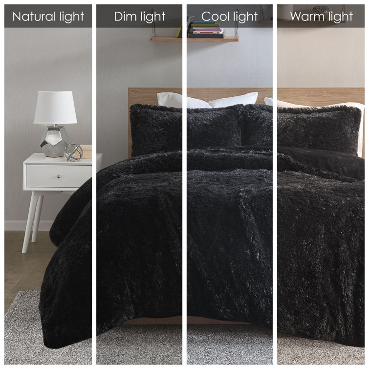 King Black Shaggy Faux Fur Duvet Cover Set