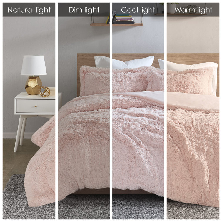 Blush Twin Shaggy Faux Fur Bedspread Cover Set
