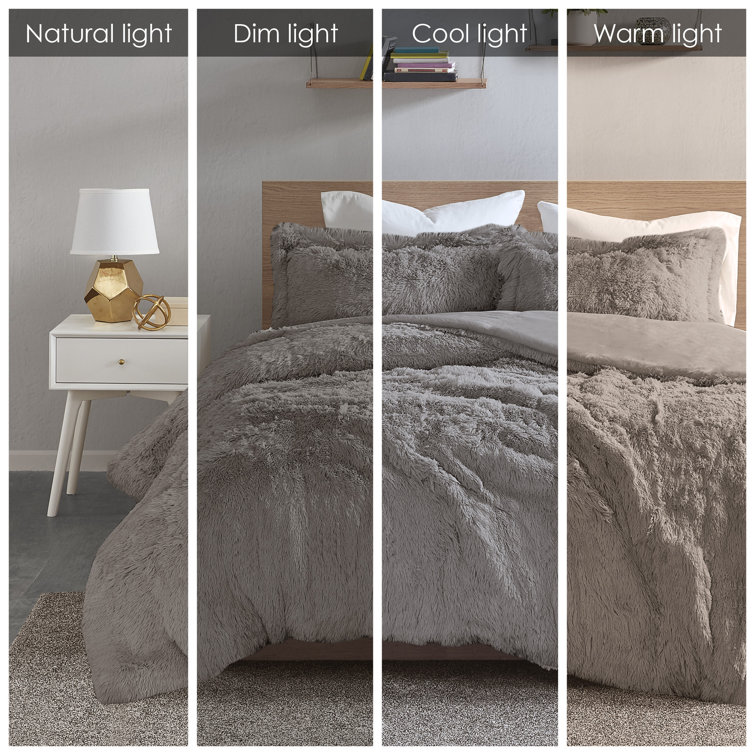 Gray Shaggy Faux Fur Twin Bedspread Cover Set