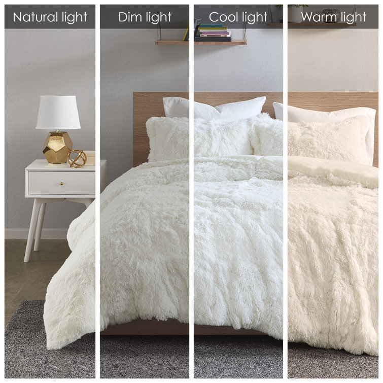 Ivory Shaggy Faux Fur Full/Queen Bedspread Cover Set