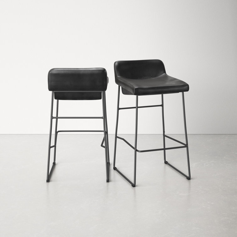 Black Genuine Leather and Iron Saddle Counter Stools, Set of 2