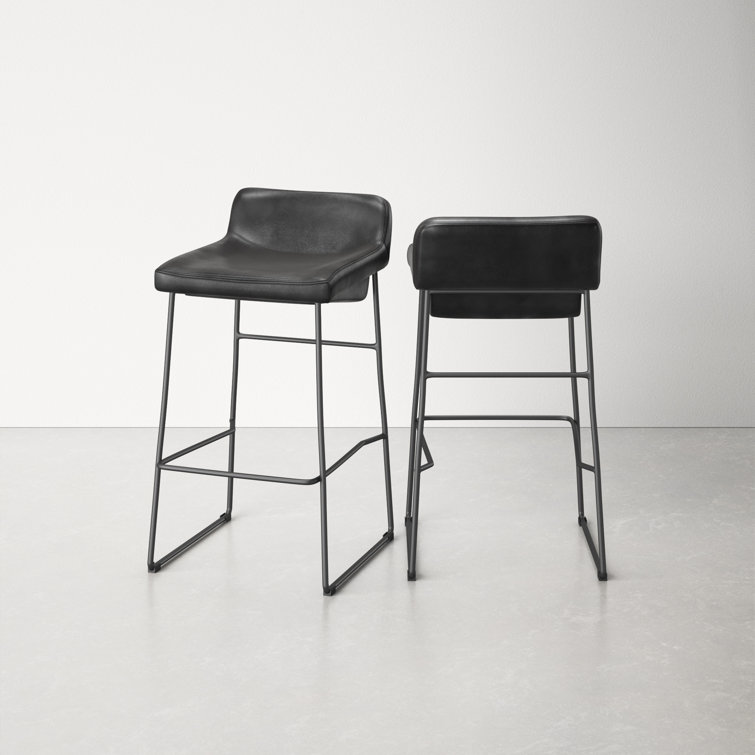 Black Genuine Leather and Iron Saddle Counter Stools, Set of 2