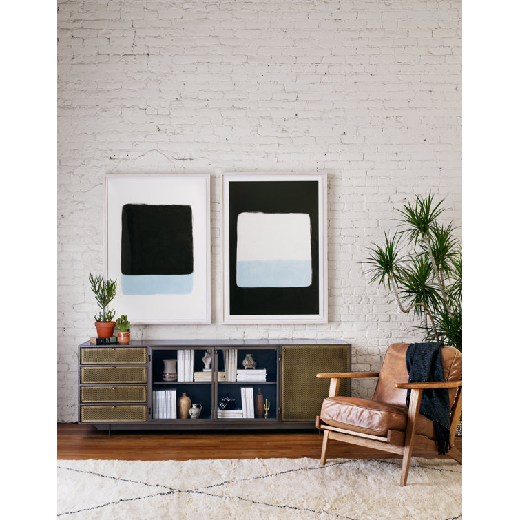 Large Black and Blue Abstract Framed Painting on Paper