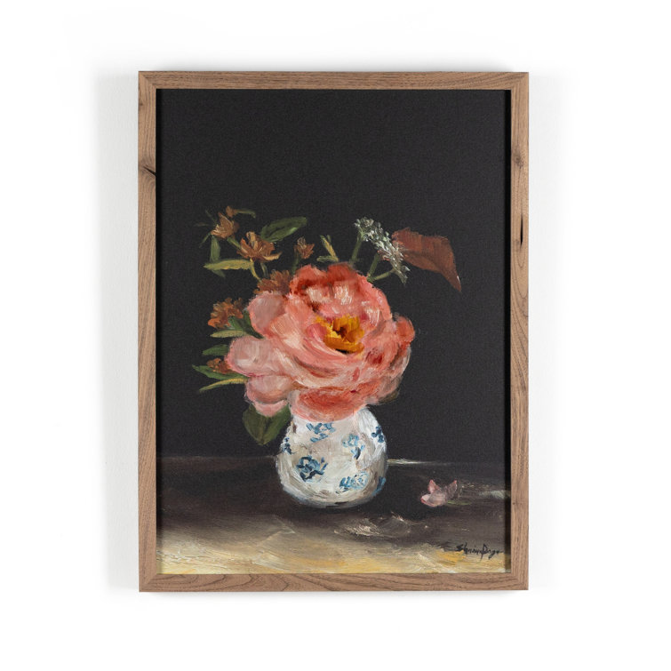 Pink Peony Oil Painting in Rustic Walnut Frame