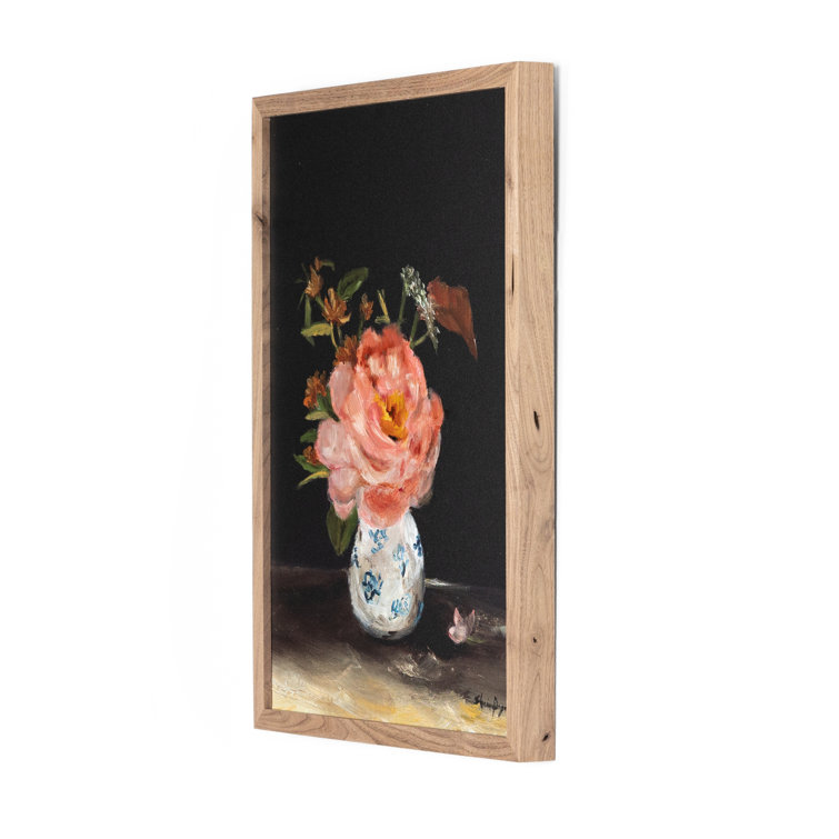 Pink Peony Oil Painting in Rustic Walnut Frame