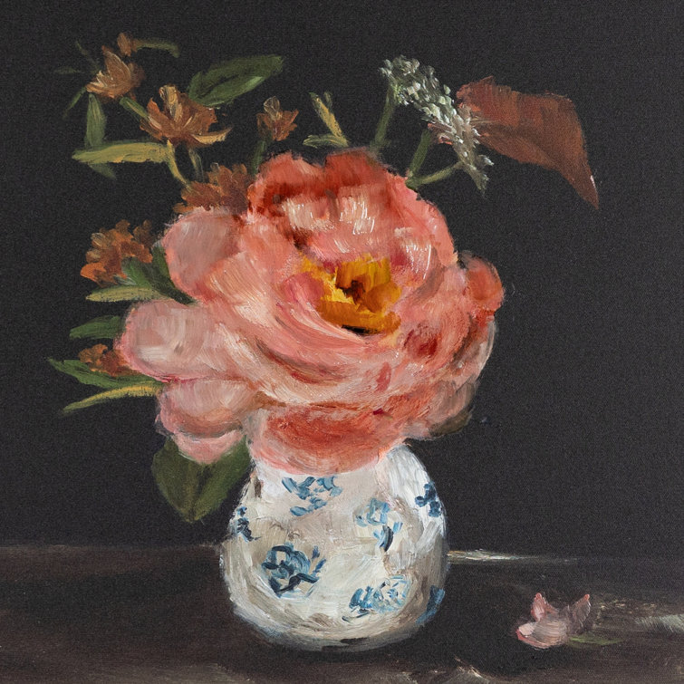 Pink Peony Oil Painting in Rustic Walnut Frame