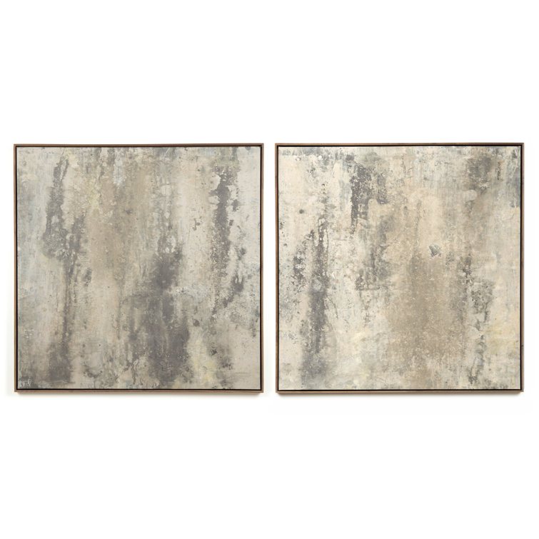 Large Gray and Beige Abstract Canvas Diptych with Walnut Frame