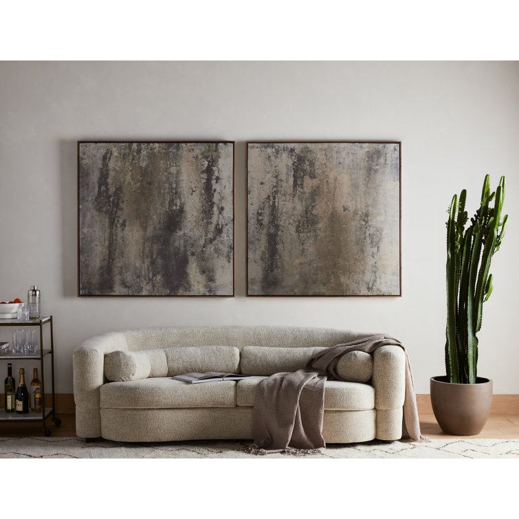 Large Gray and Beige Abstract Canvas Diptych with Walnut Frame