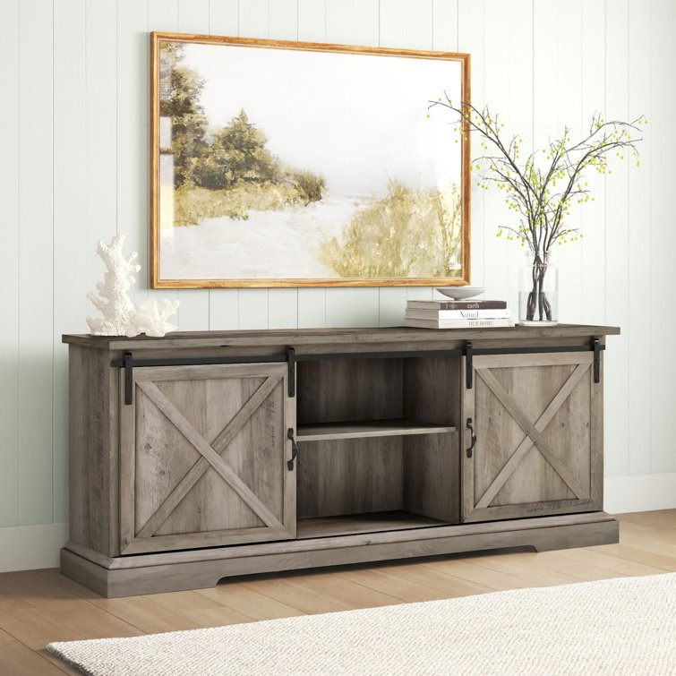 70" Gray Wash Sliding Barn Door TV Stand with Cabinet