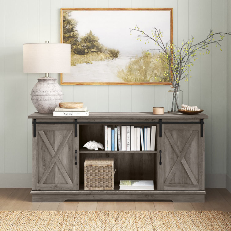 70" Gray Wash Sliding Barn Door TV Stand with Cabinet