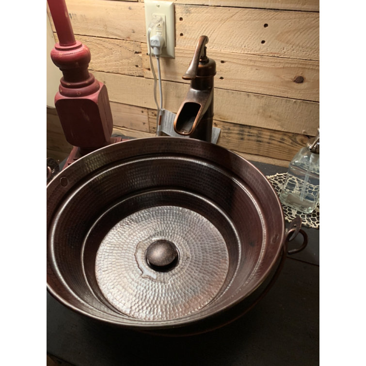 15'' Round Hand-Hammered Copper Vessel Sink with Pop-Up Drain
