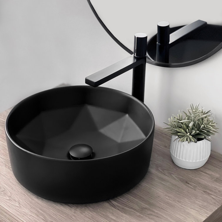 Matte Black Geometric Ceramic 16" Round Vessel Sink