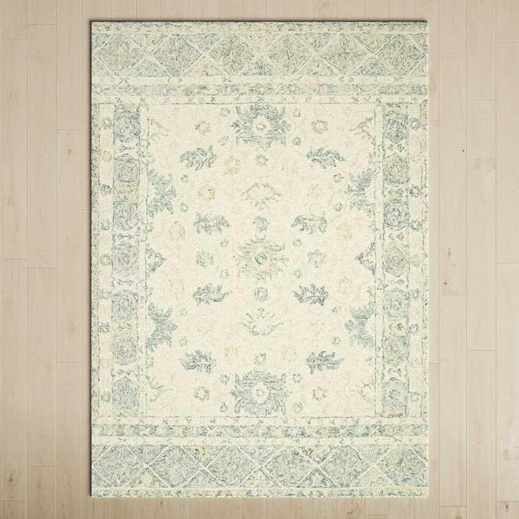 Ivory and Slate Floral Wool Rectangular Rug, 7'9" x 9'9"