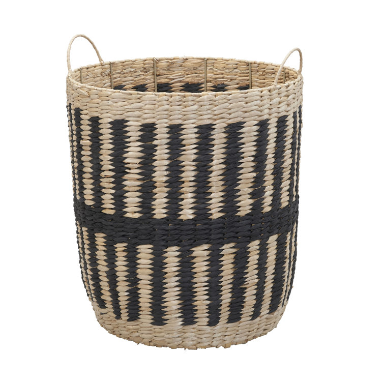 Natural and Black Seagrass Woven Storage Basket with Handles