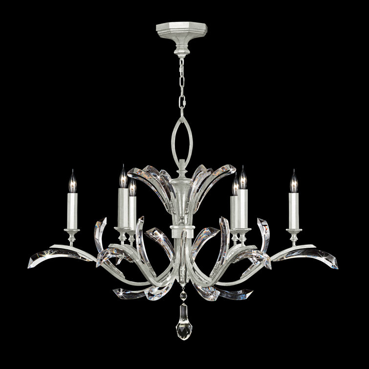 Elegant Beveled Arcs 42" Silver Leaf 6-Light Chandelier with Crystals