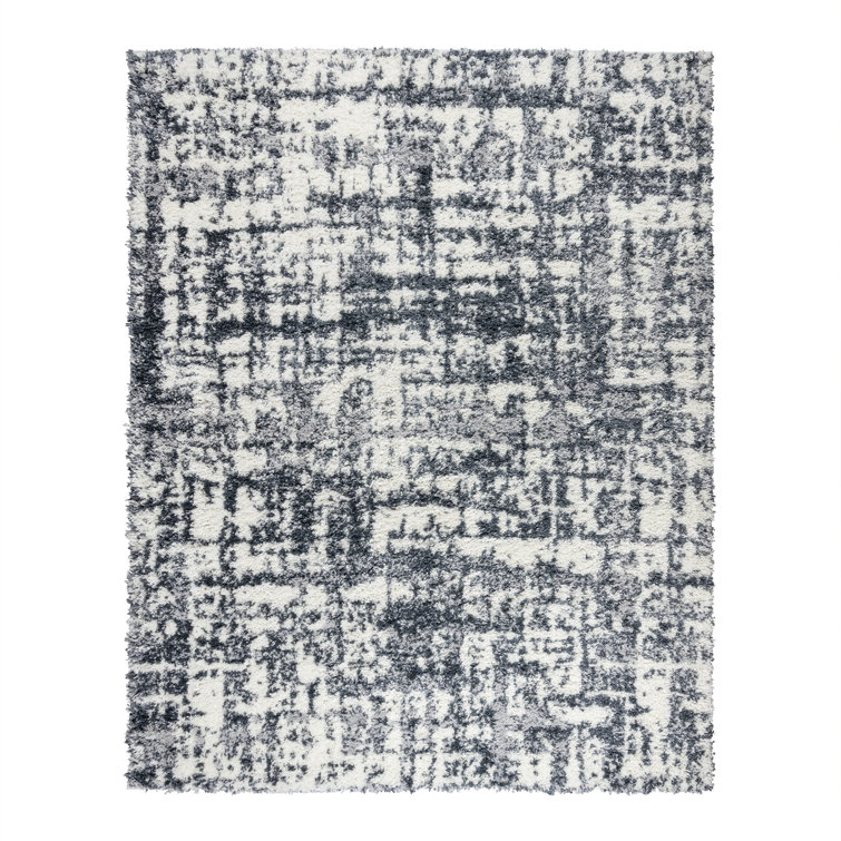Gray and White Rectangular Synthetic Shag Area Rug, 9' x 12'