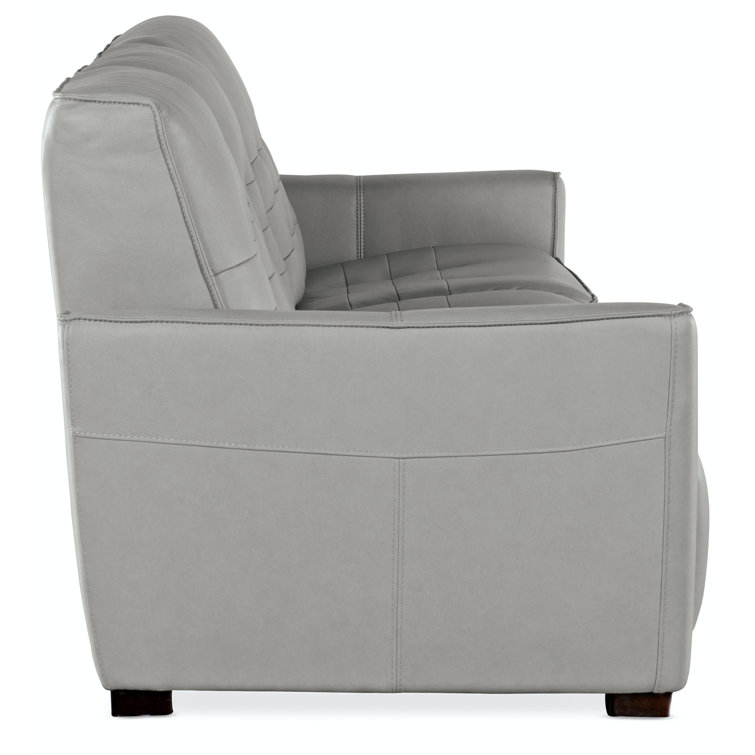 Gray Tufted Leather Reclining Sofa with Track Arms and Nailhead Trim