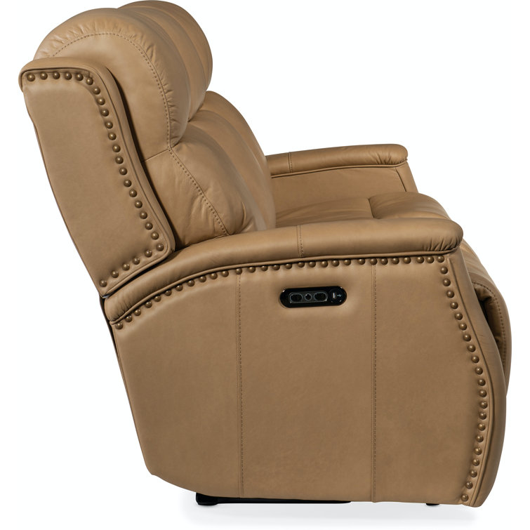 Sahara Sand Leather Power Reclining Sofa with Nailhead Trim