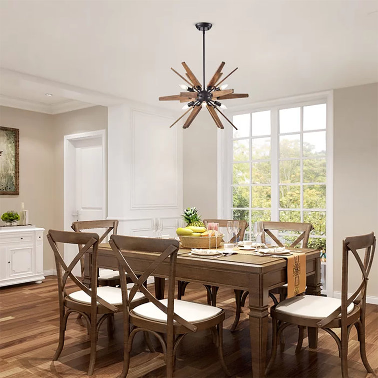 Black and Natural Wood 6-Light Sputnik Sphere Chandelier