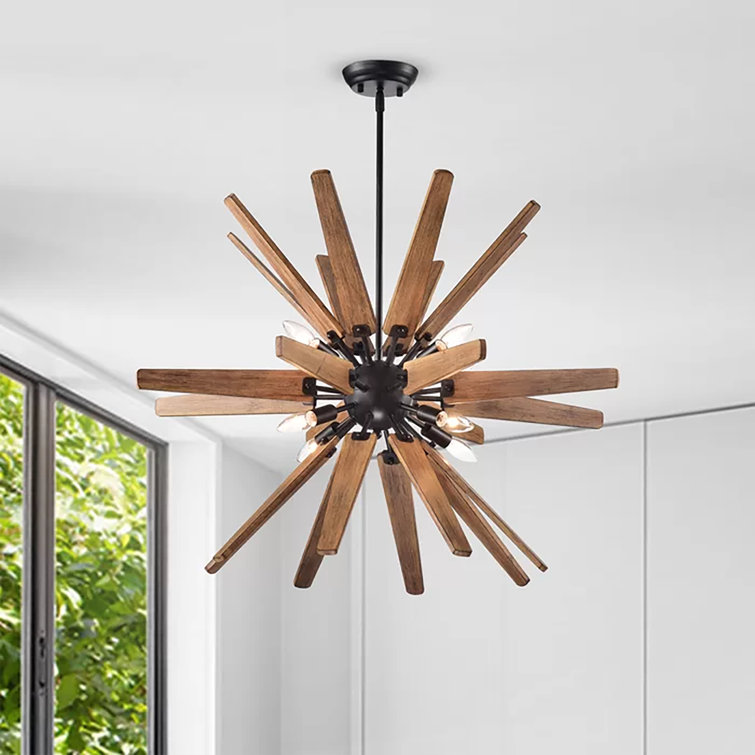 Black and Natural Wood 6-Light Sputnik Sphere Chandelier
