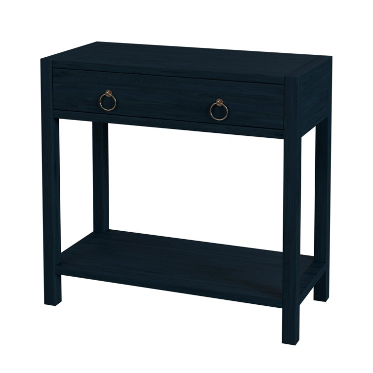 Navy Blue Acacia Wood 1-Drawer Nightstand with Gold Hardware