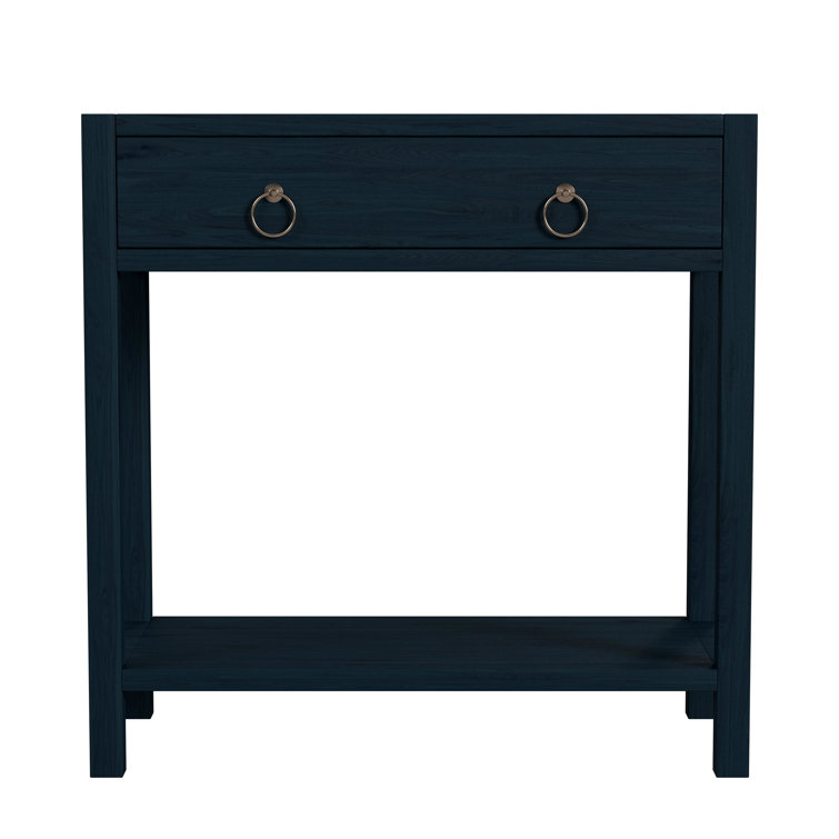 Navy Blue Acacia Wood 1-Drawer Nightstand with Gold Hardware