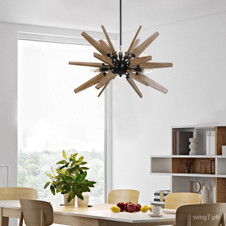 Black and Natural Wood 6-Light Sputnik Sphere Chandelier
