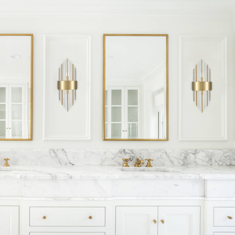 Brushed Brass and Clear Crystal Glass Rod Wall Sconce Set