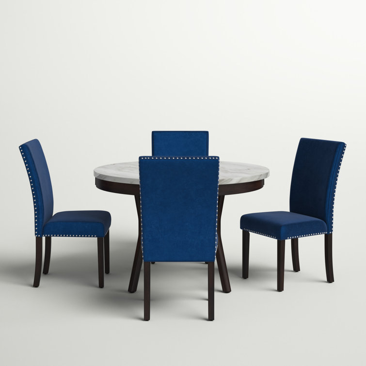 Celeste 5-Piece Blue Velvet and Faux Marble Dining Set