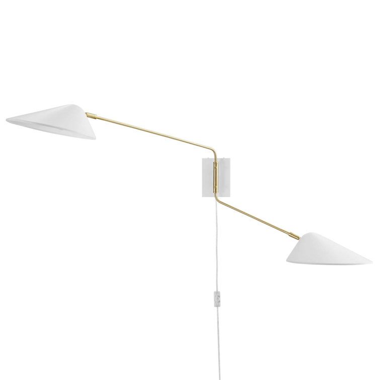 White Adjustable Swing Arm Wall Sconce with Brass Accents