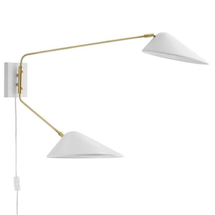 White Adjustable Swing Arm Wall Sconce with Brass Accents