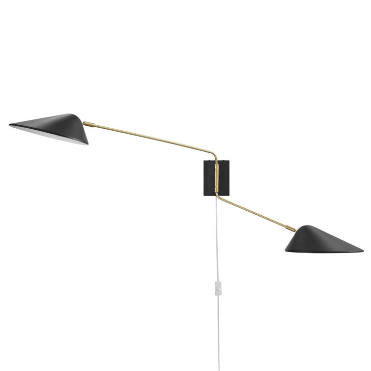 Mid-Century Modern Matte Black Swing Arm Wall Sconce with Satin Brass