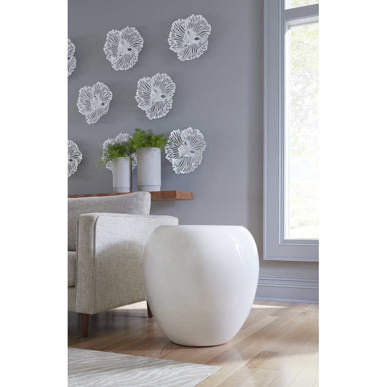24" White Transitional Round Stone Drum End Table