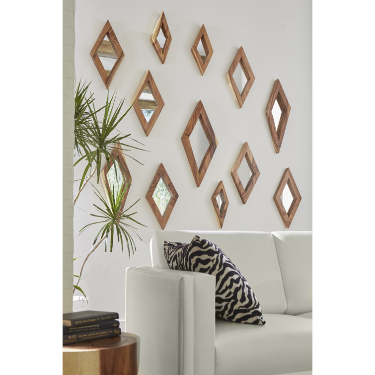 Beige Natural Wood 10"x20" Contemporary Diamond Accent Mirror