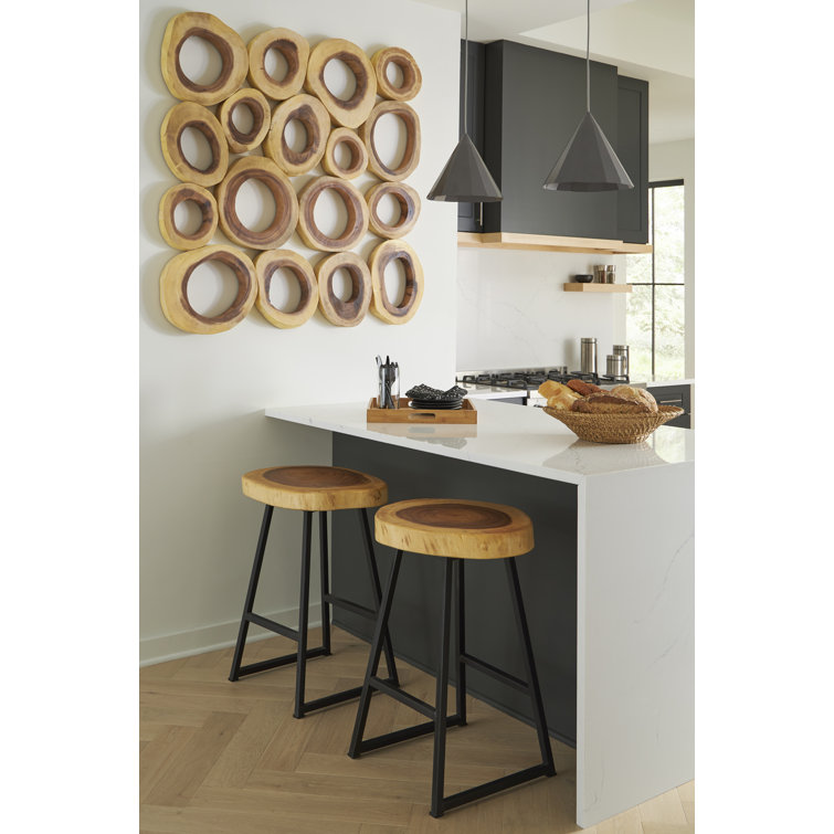 Natural Wood and Black Metal Round Bar Stool
