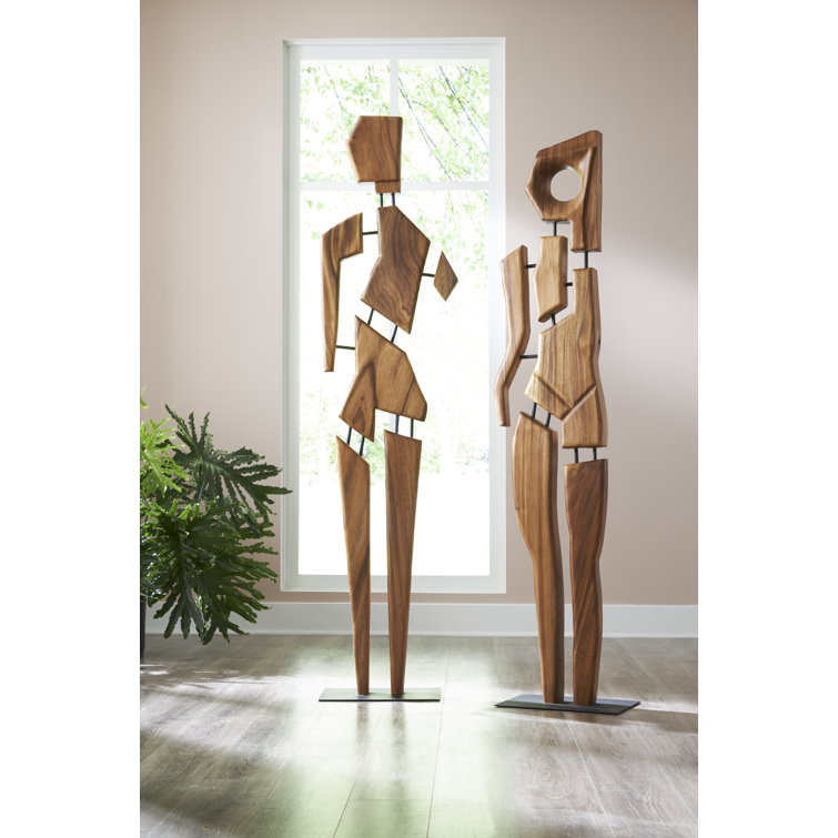 Tall Black and Brown Acacia Wood Sculpture with Iron Base