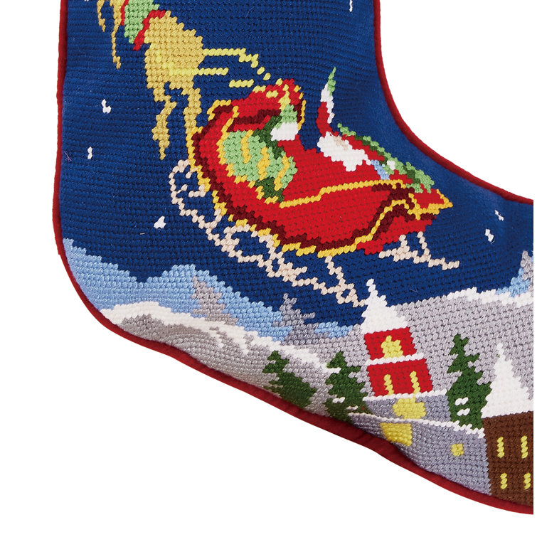 Santa and Reindeer Embroidered Christmas Stocking with Velveteen Backing