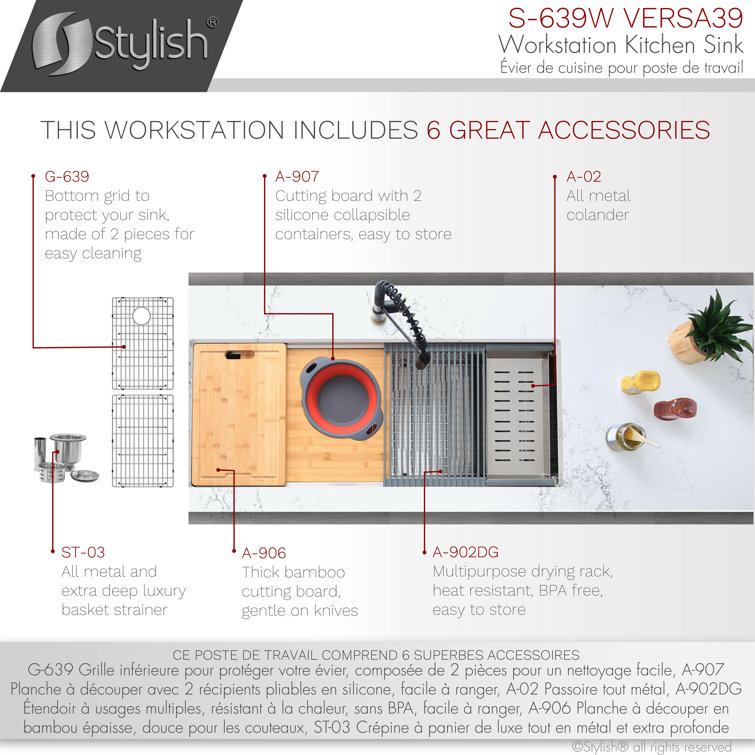 39 Inch Stainless Steel Single Bowl Undermount Kitchen Sink with Accessories