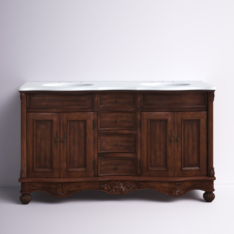 Teak and Ivory White Double Freestanding Vanity with Quartz Countertop