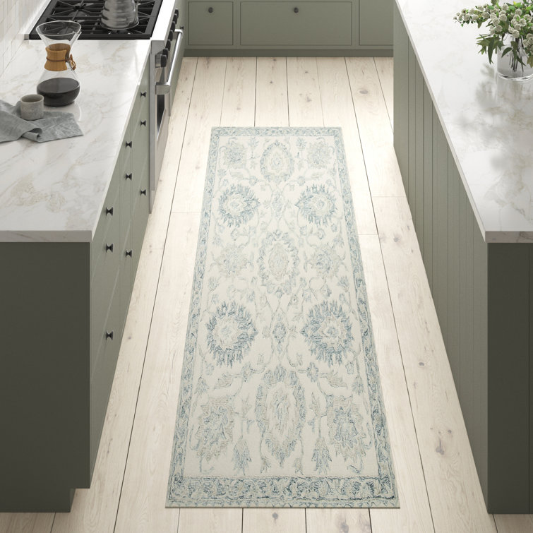 Handmade Blue and Ivory Wool Oriental Runner Rug