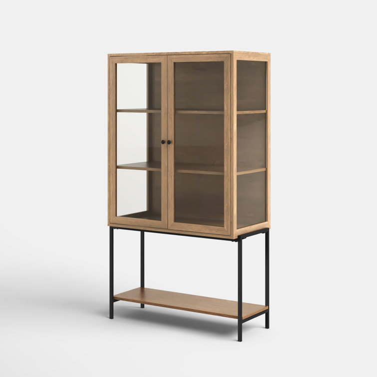 Light Brown Wood and Glass Curio Cabinet with Metal Base