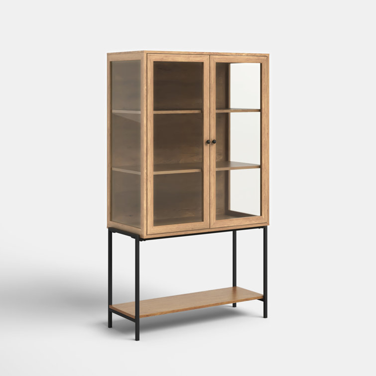 Light Brown Wood and Glass Curio Cabinet with Metal Base
