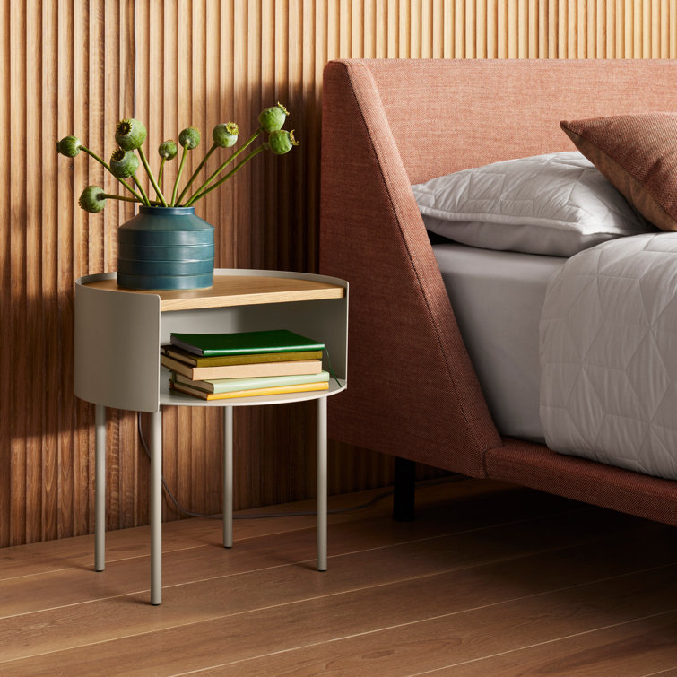 Round Dark Olive Wood and Metal Side Table with Storage