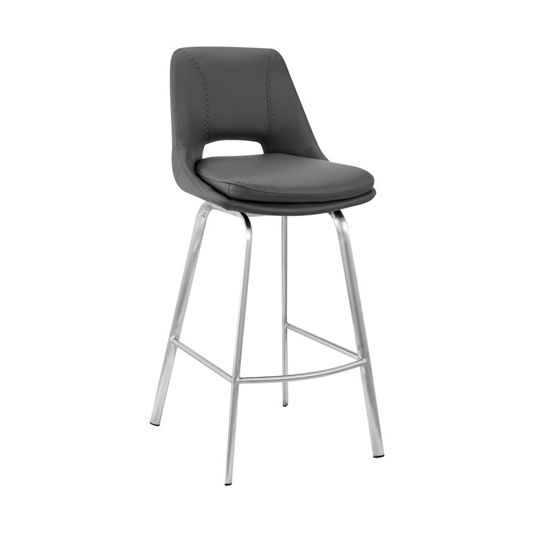 Contemporary 30" Gray Faux Leather Swivel Bar Stool with Stainless Steel Base
