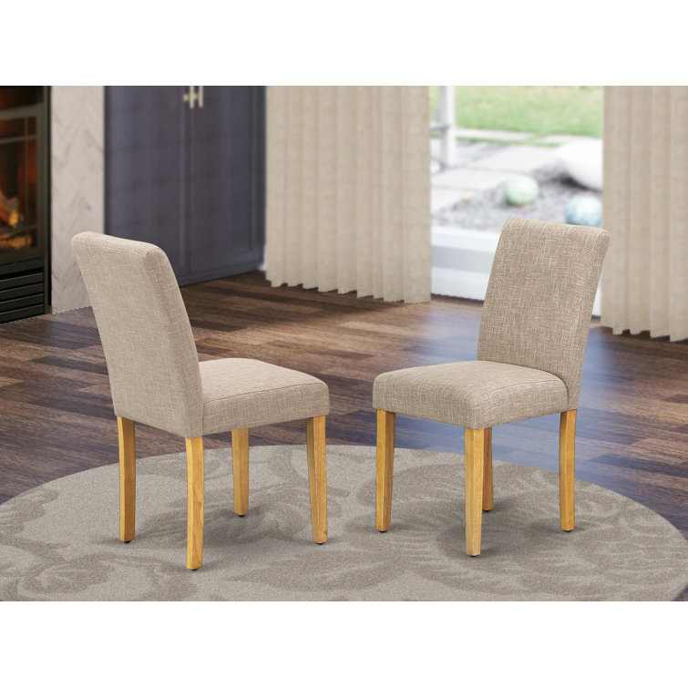 Light Tan Linen Upholstered Parsons Side Chair Set with Oak Legs