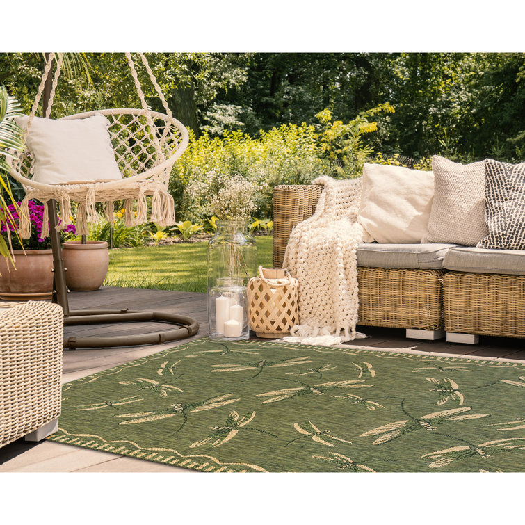 Carmel Dragonfly Green Rectangular Easy-Care Outdoor Rug