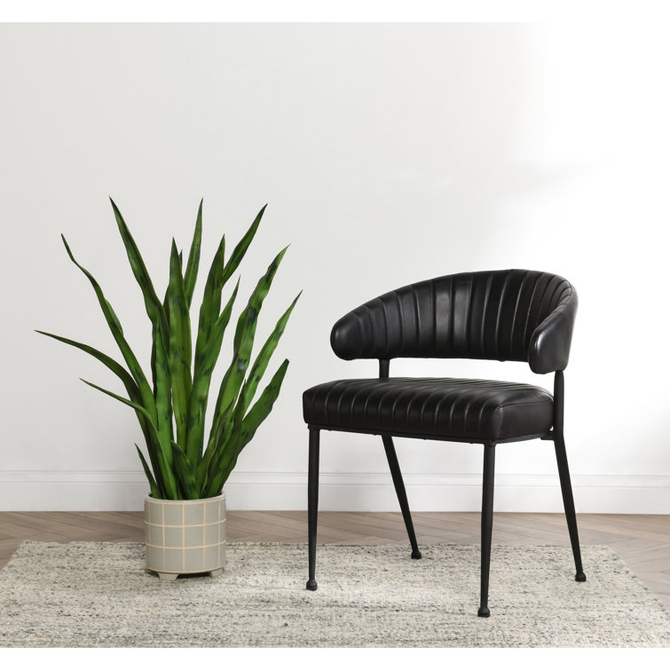 Sophisticated Jet Black Iron Frame Dining Chair with Top Grain Leather