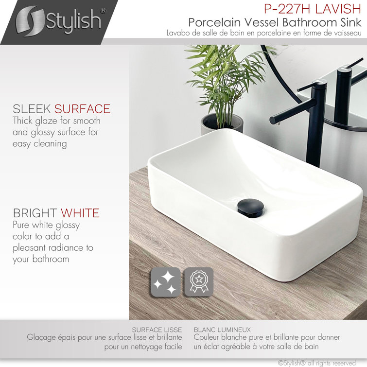 Elegant 19" White Ceramic Rectangular Vessel Bathroom Sink