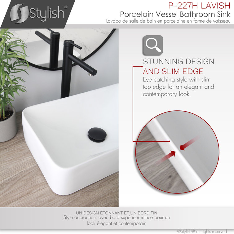 Elegant 19" White Ceramic Rectangular Vessel Bathroom Sink